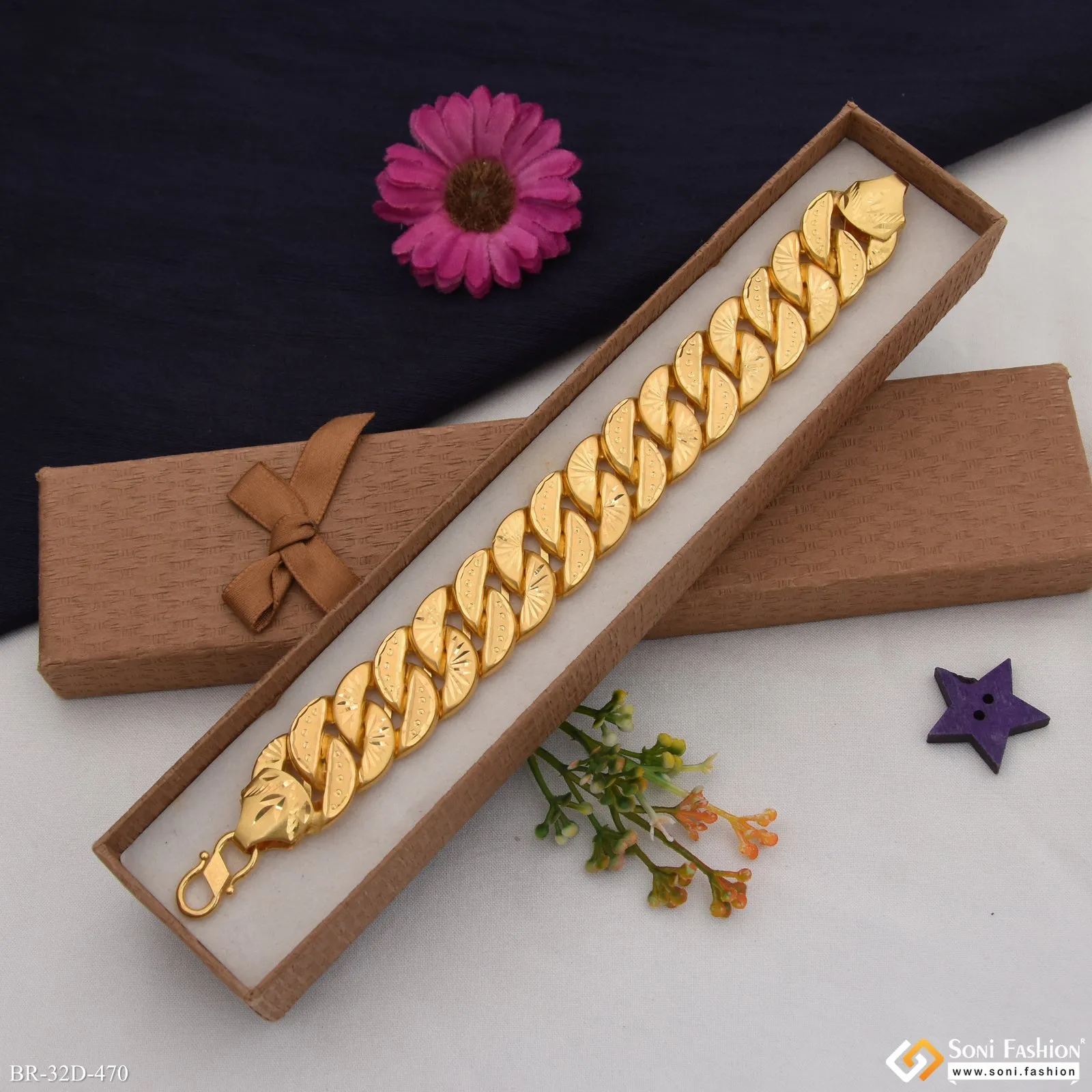 1 Gram Gold Plated Glittering Design Pokal Bracelet for Men - Style D470