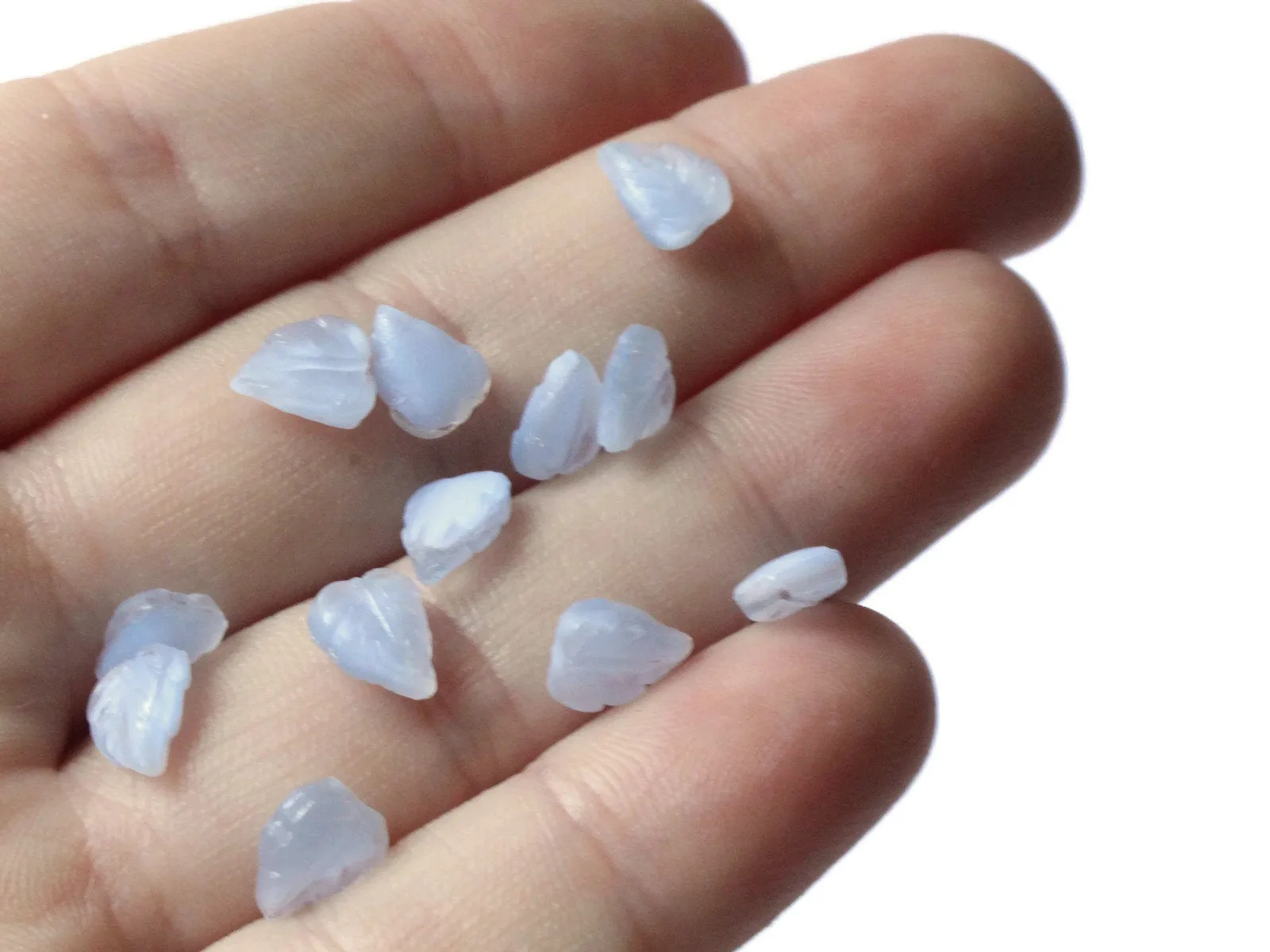 12 8mm x 6mm Blue Moonstone Leaf Cabochons - Tiny Little Leaves - Vintage Czech Glass Cabochons