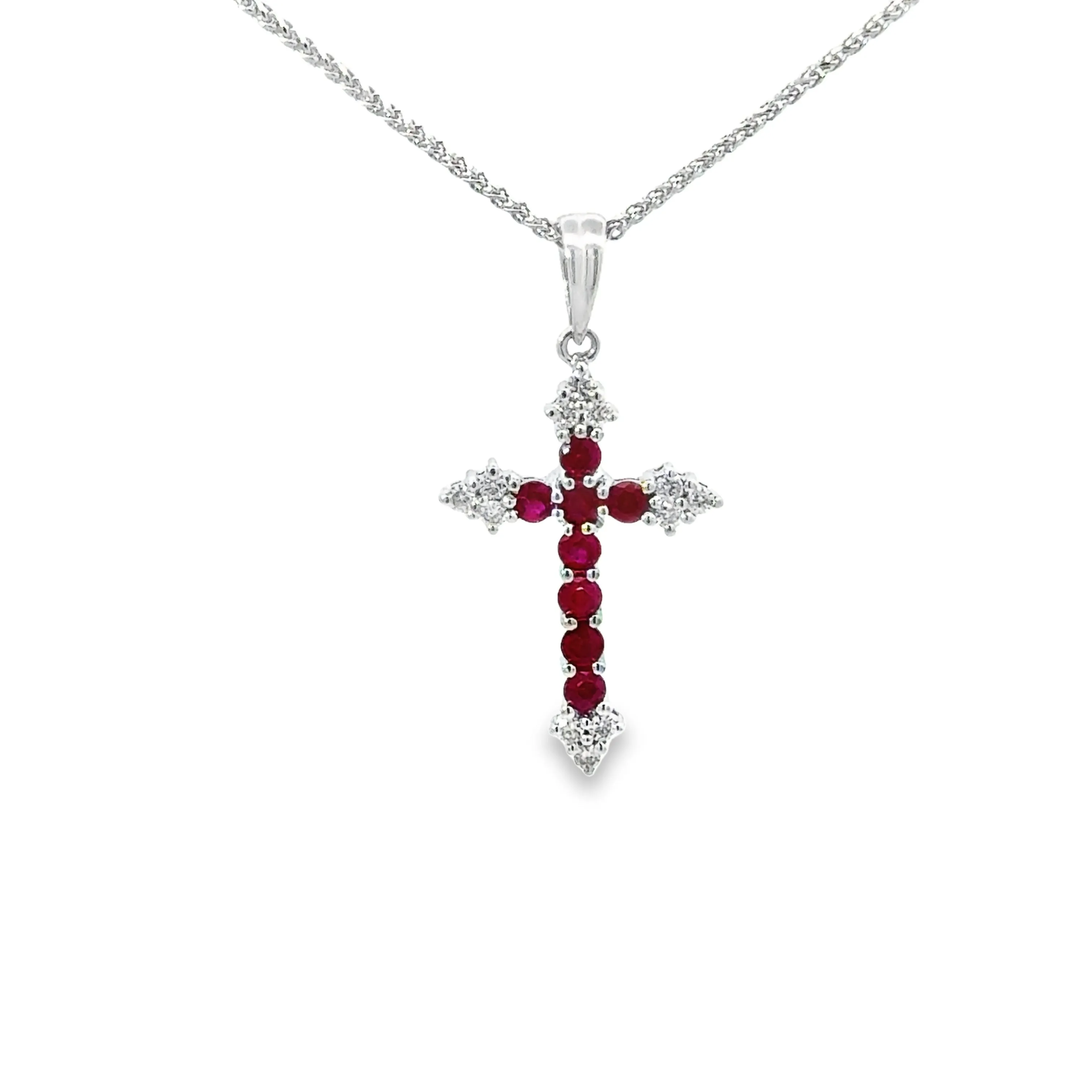 14k White Gold Ruby And Diamond Cross