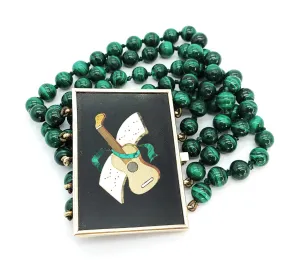 14K Yellow Gold, Malachite Bead & Onyx Guitar Inlay Box Clasp Bracelet