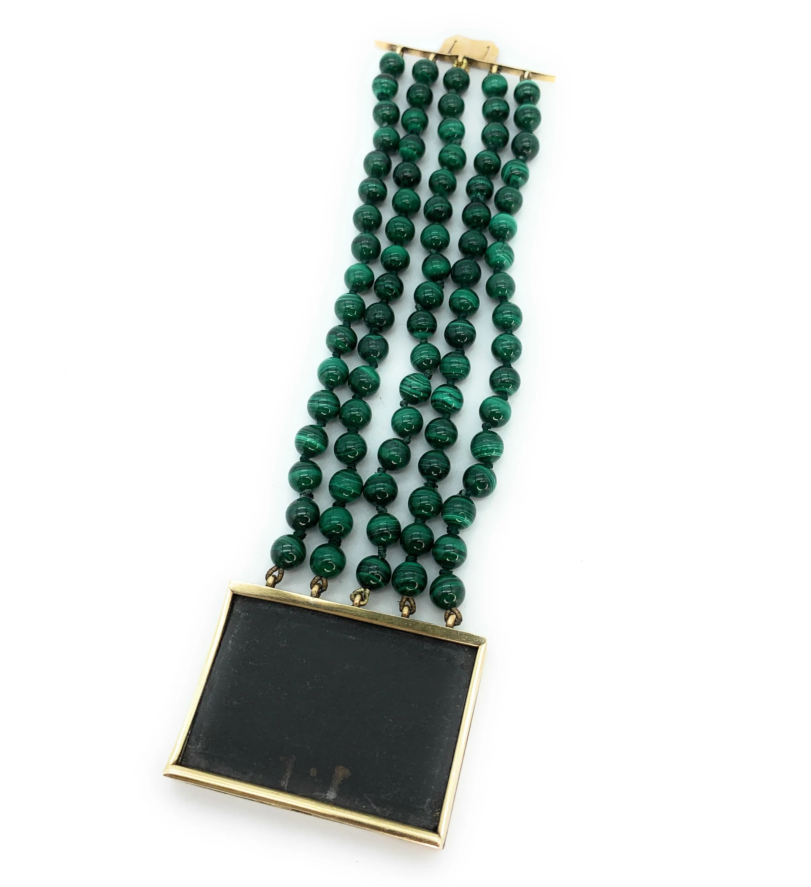 14K Yellow Gold, Malachite Bead & Onyx Guitar Inlay Box Clasp Bracelet
