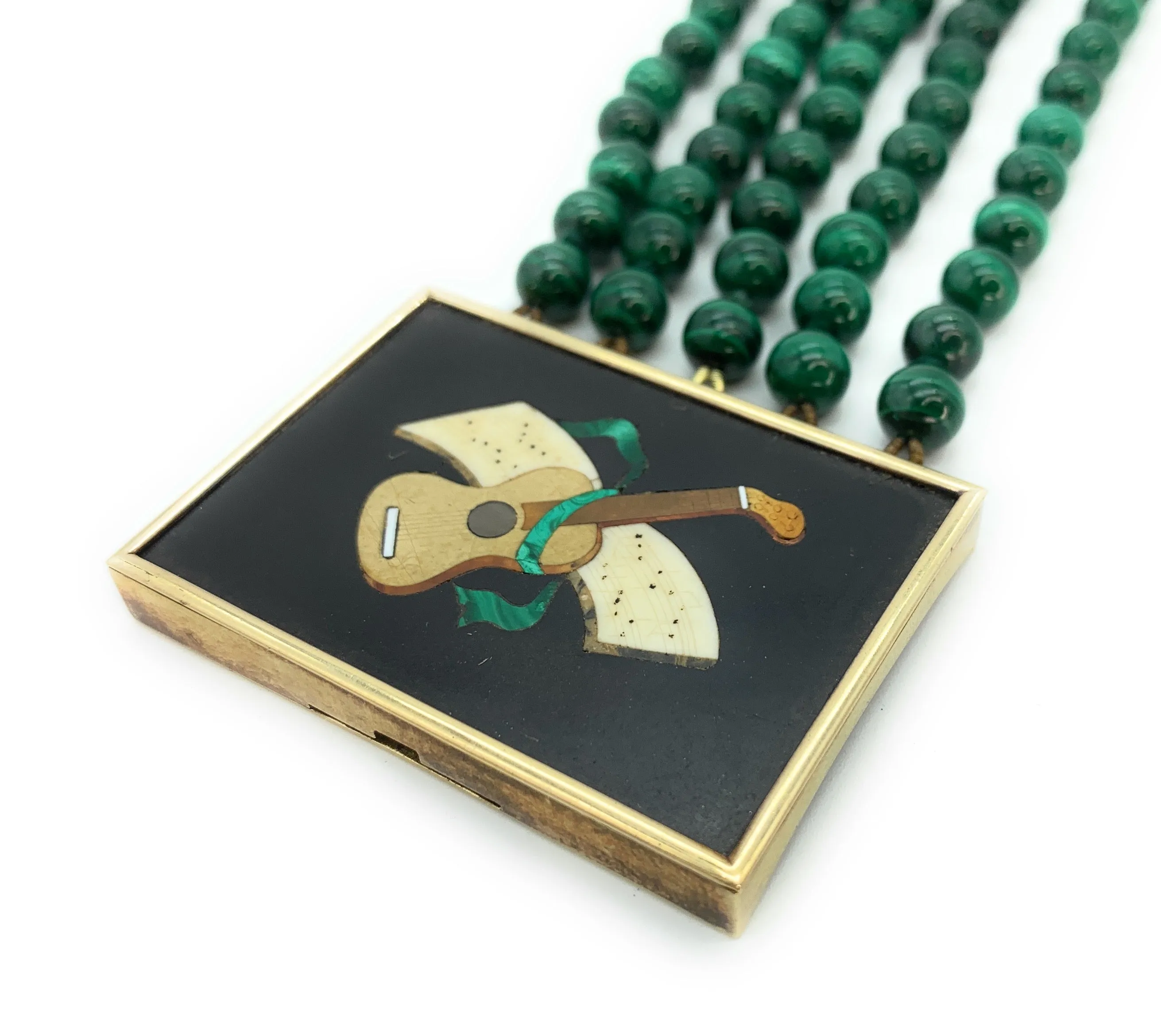 14K Yellow Gold, Malachite Bead & Onyx Guitar Inlay Box Clasp Bracelet