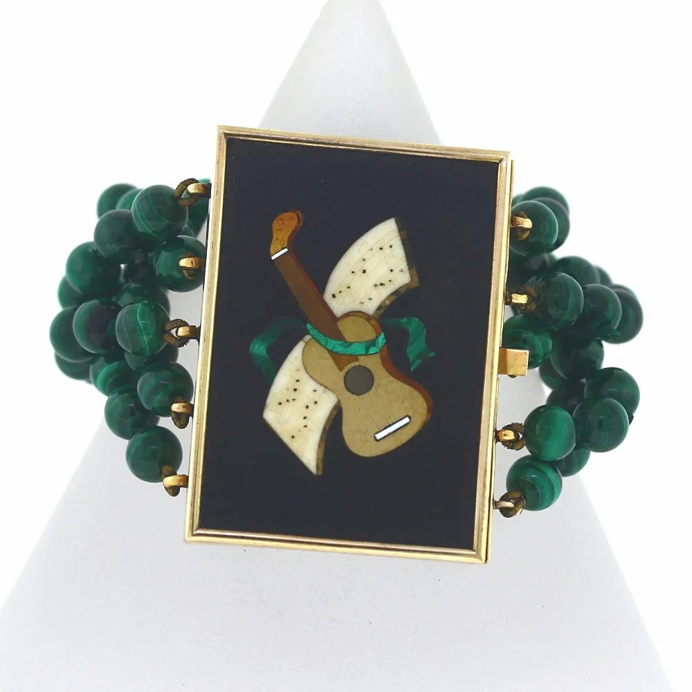 14K Yellow Gold, Malachite Bead & Onyx Guitar Inlay Box Clasp Bracelet