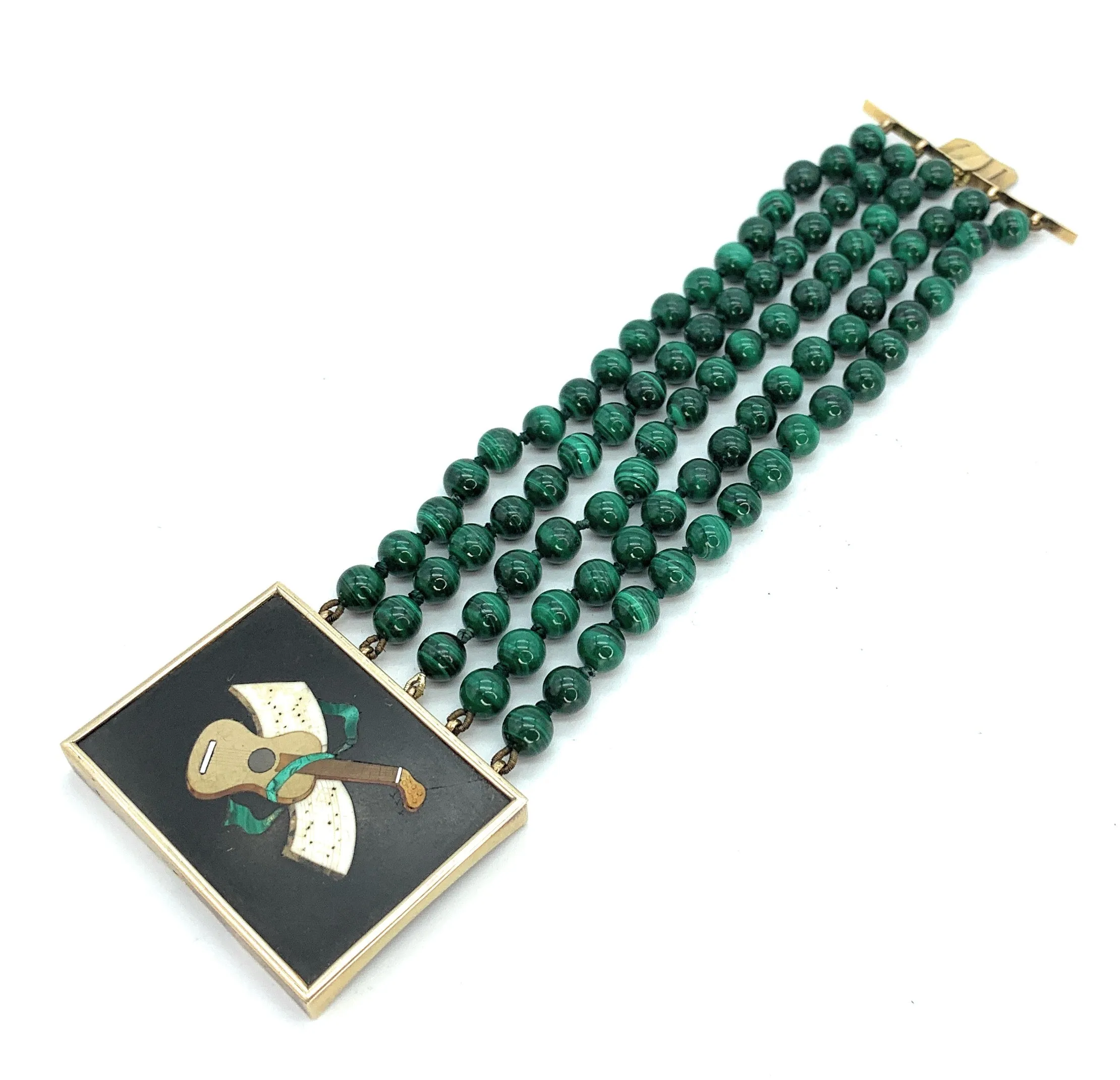 14K Yellow Gold, Malachite Bead & Onyx Guitar Inlay Box Clasp Bracelet