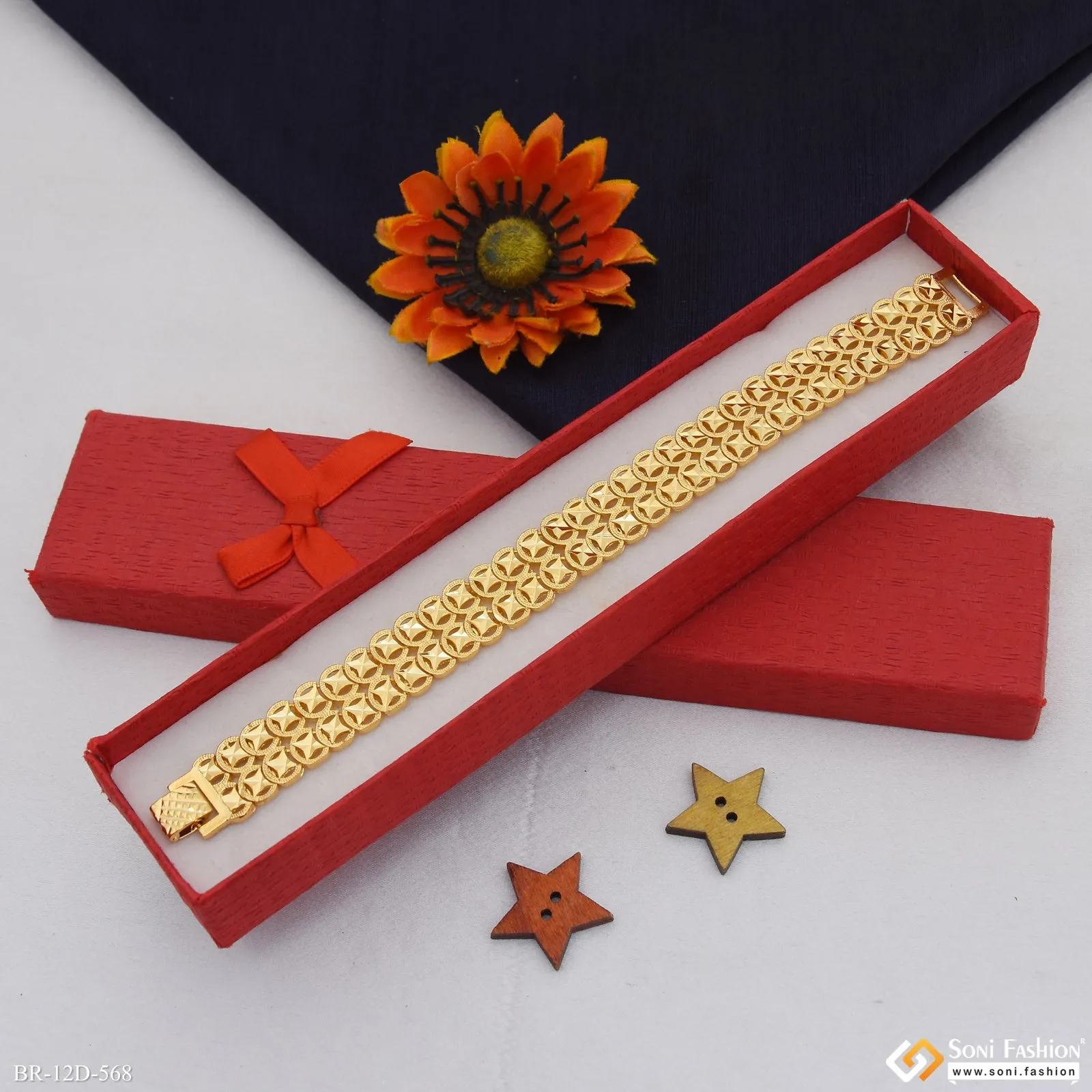 2 Line Golden Color Stainless Steel Bracelet for Men - Style D568