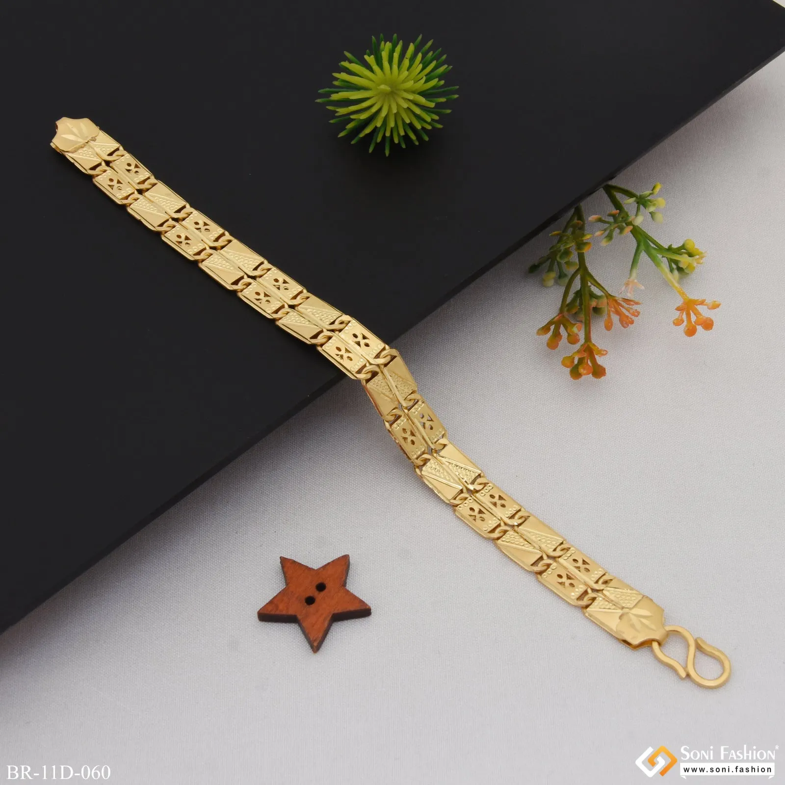 2 Line Hand-Crafted Design Gold Plated Nawabi Bracelet for Men - Style D060