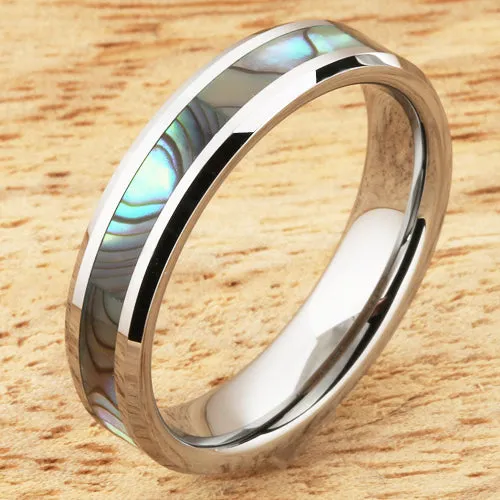 5mm Abalone Shell Inlaid Tungsten Beveled Edge Wedding Ring