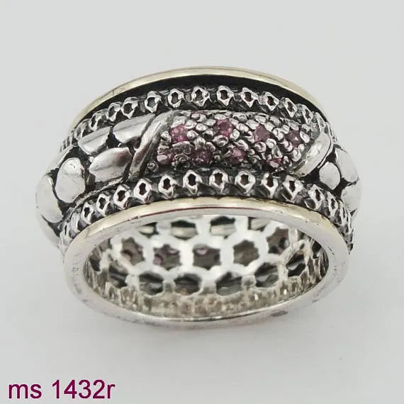 9K Yellow Gold & 925 Silver Swivel Ring with Red Zircon (sn 1432)