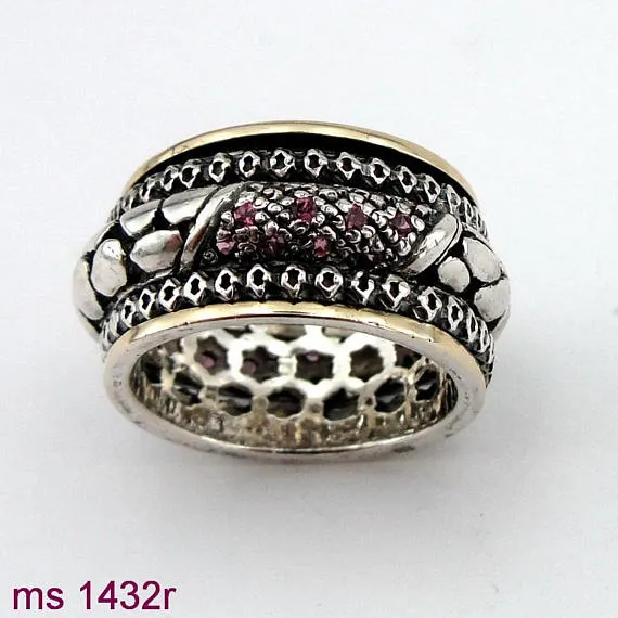 9K Yellow Gold & 925 Silver Swivel Ring with Red Zircon (sn 1432)