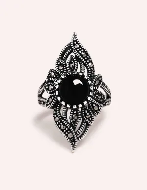 Black Onyx Vintage Marcasite Ring - Sizes 8, 9 and 10