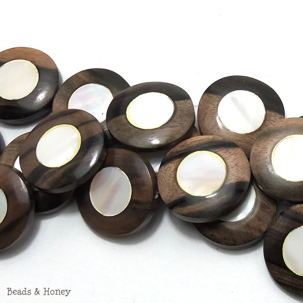 Ebony Wood with White Makabibi Shell Coin 25mm (8pcs)