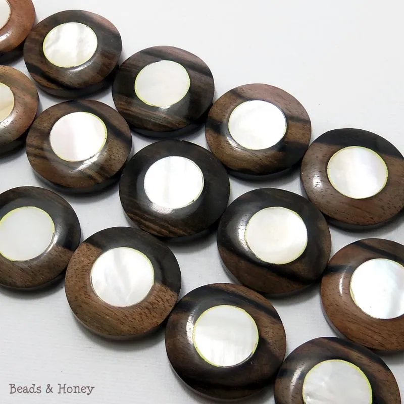 Ebony Wood with White Makabibi Shell Coin 25mm (8pcs)