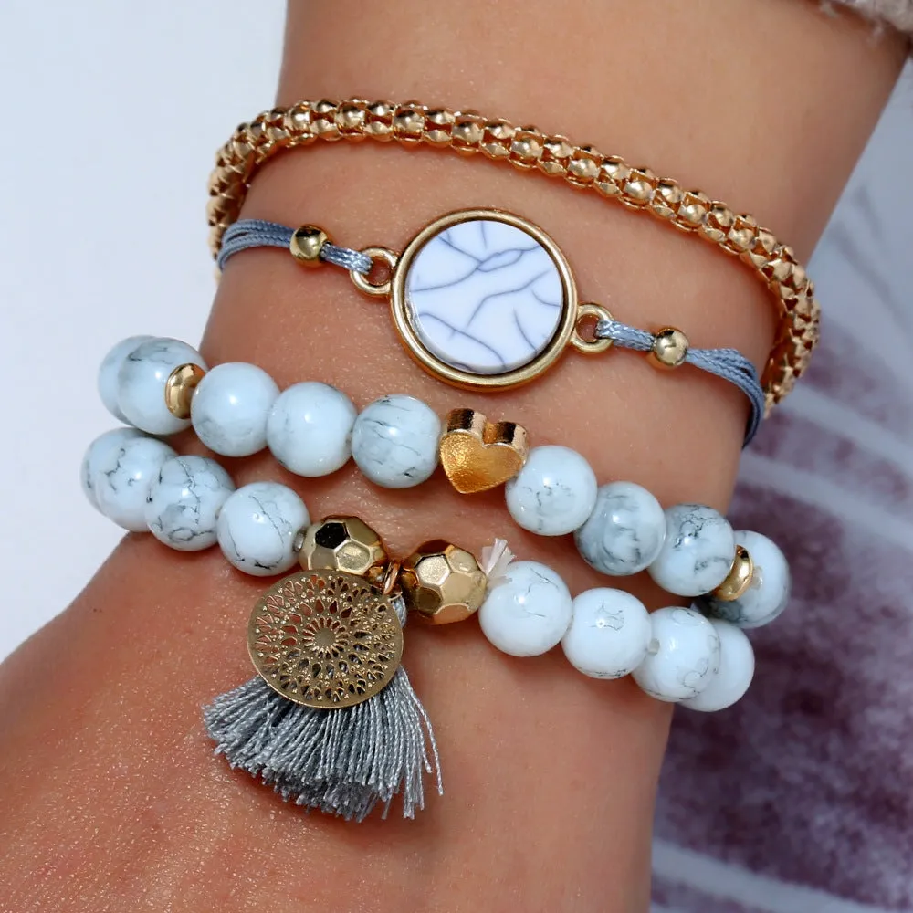 European And American Cross-border Personality Retro Turquoise Tassel Round Stone