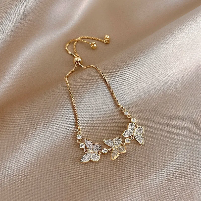 exquisite copper inlaid zircon three butterfly bracelet=