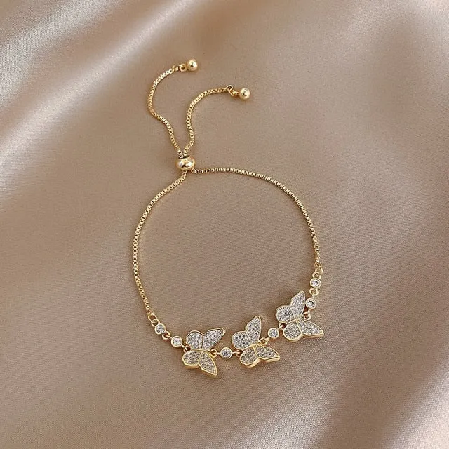 exquisite copper inlaid zircon three butterfly bracelet=