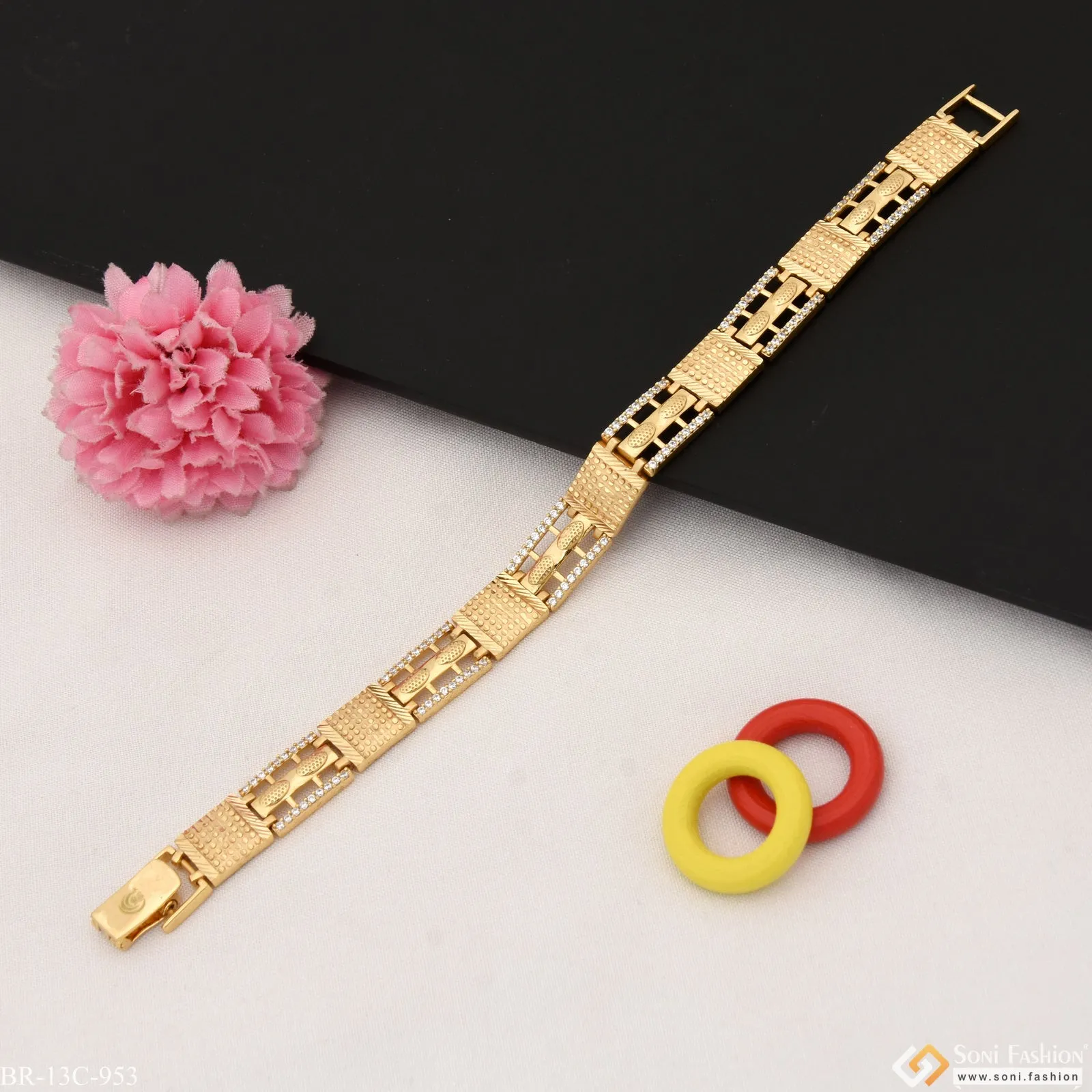 Fancy with Diamond Hand-Crafted Design Gold Plated Bracelet for Men - Style C953