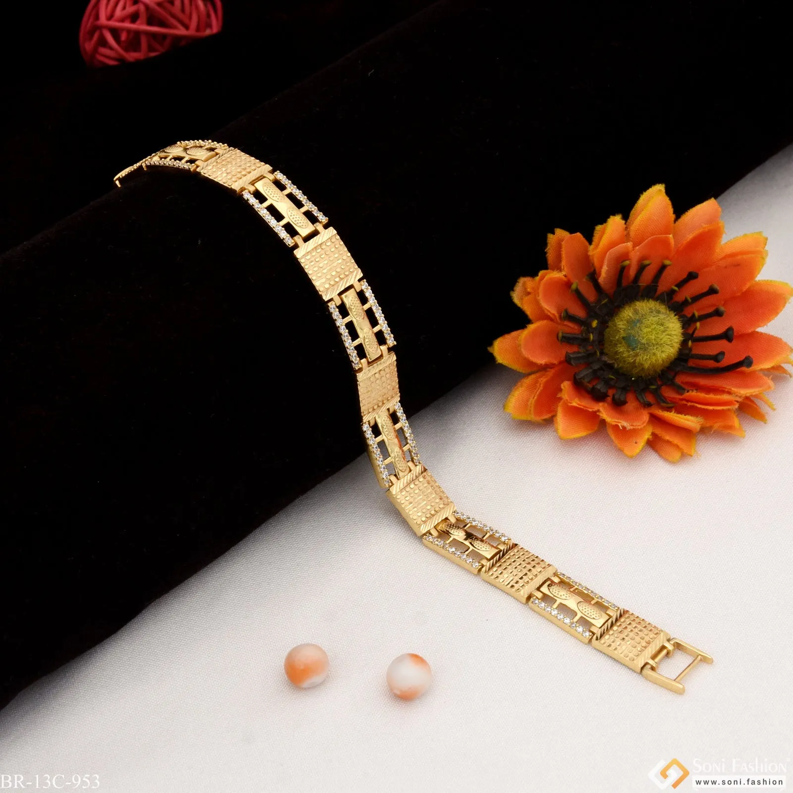 Fancy with Diamond Hand-Crafted Design Gold Plated Bracelet for Men - Style C953