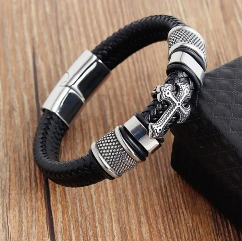 fashion classic black woven leather inlaid cross magnetic hidden safety buckle