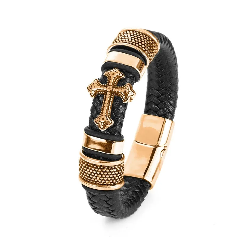 fashion classic black woven leather inlaid cross magnetic hidden safety buckle