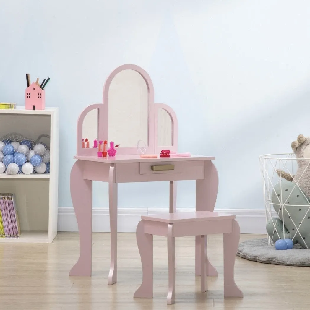 Girls Dressing Table with Mirror and Stool | Vanity Unit with Drawer | Pink | 3-6 Years