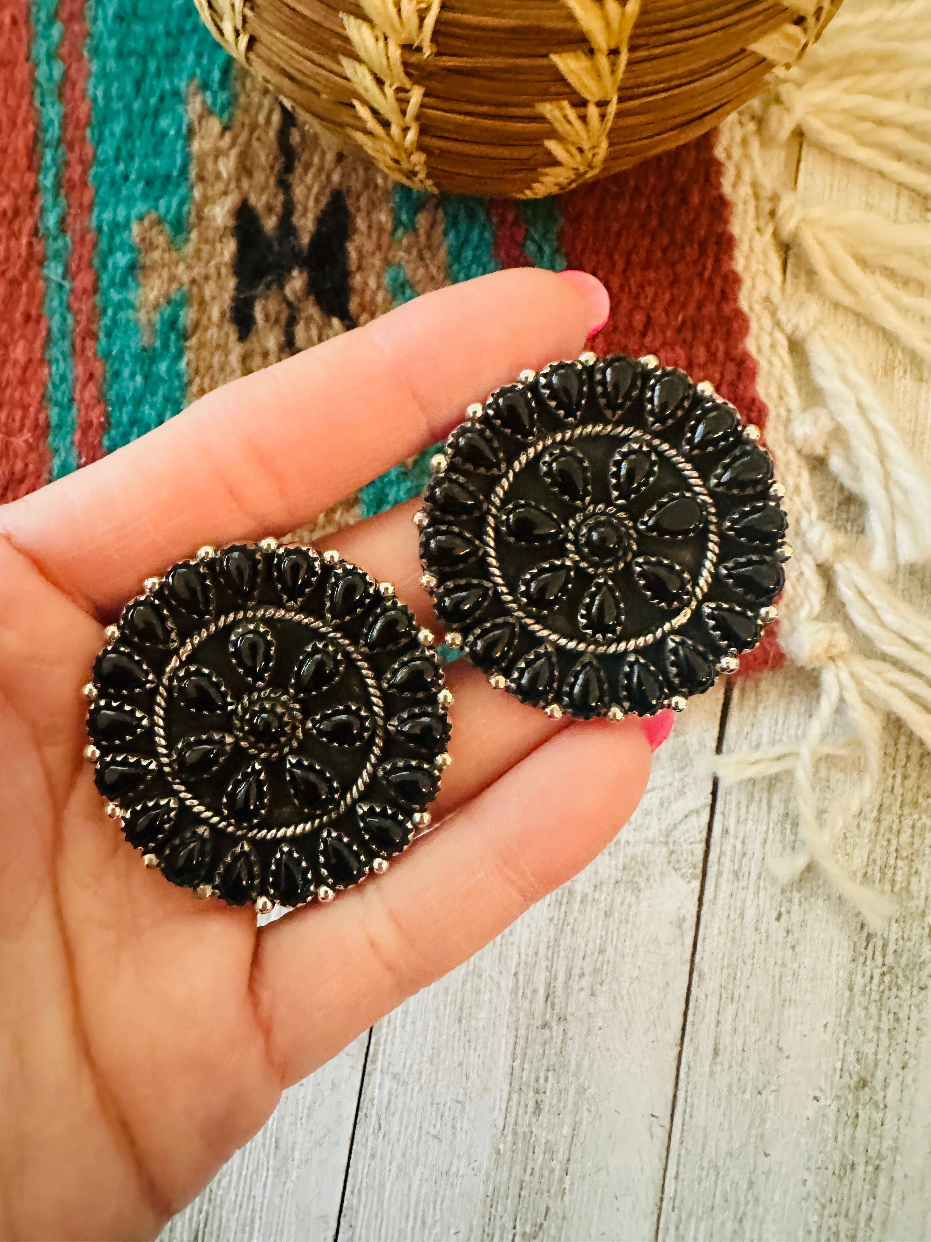 Handmade Onyx & Sterling Silver Cluster Post Earrings Signed Nizhoni
