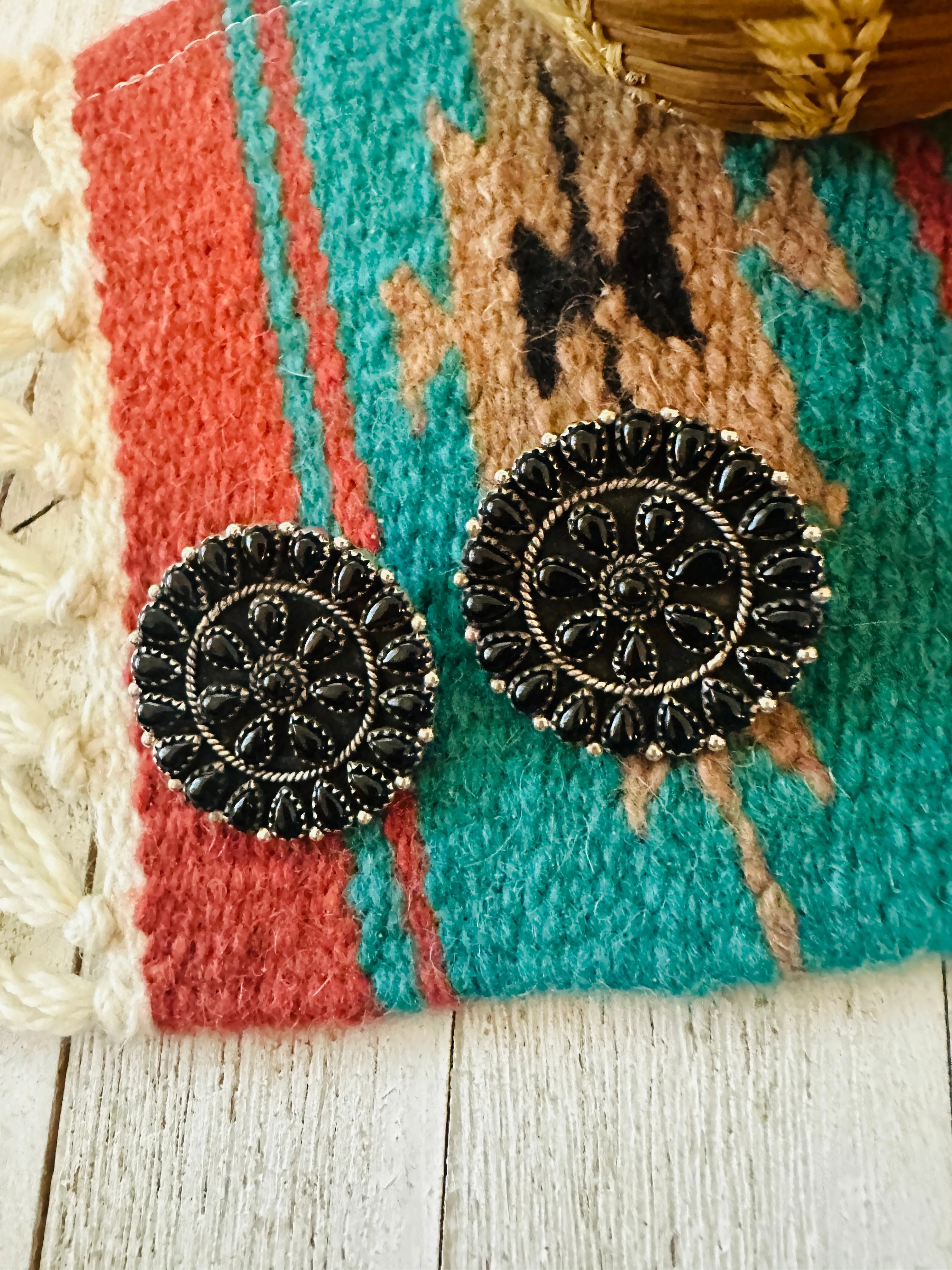 Handmade Onyx & Sterling Silver Cluster Post Earrings Signed Nizhoni