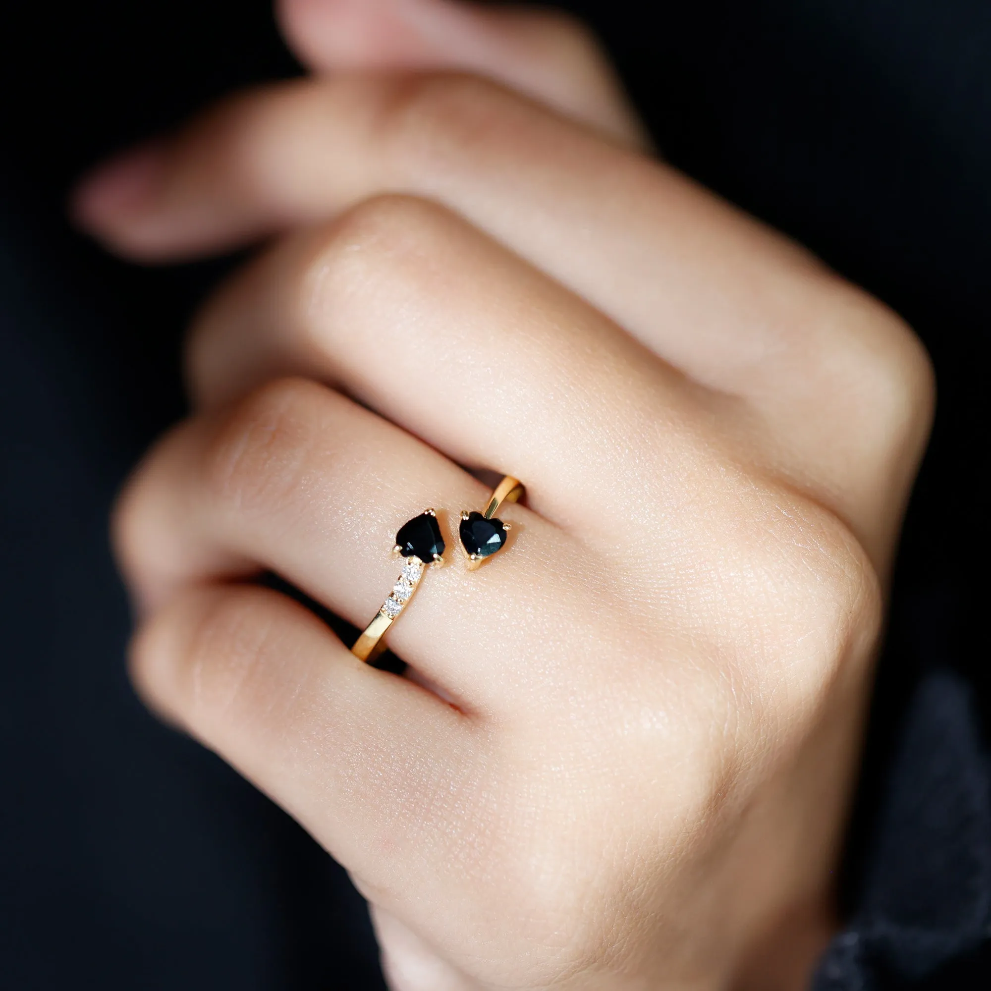 Heart Shape Black Onyx Two Stone Wrap Ring with Diamond