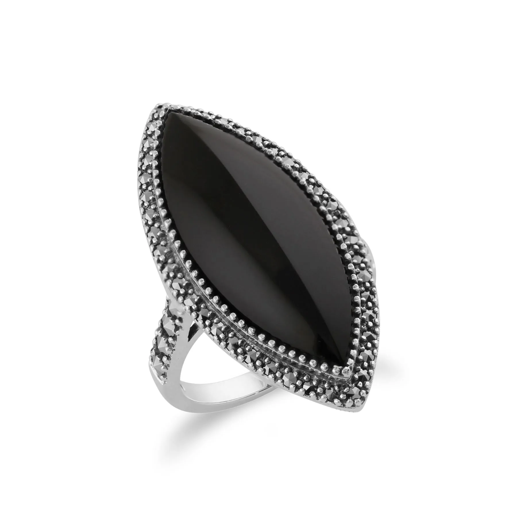 Kunst Deko Ring, 925 Sterlingsilber 12.5ct Kt schwarzer Onyx & Markasit Statement Ring