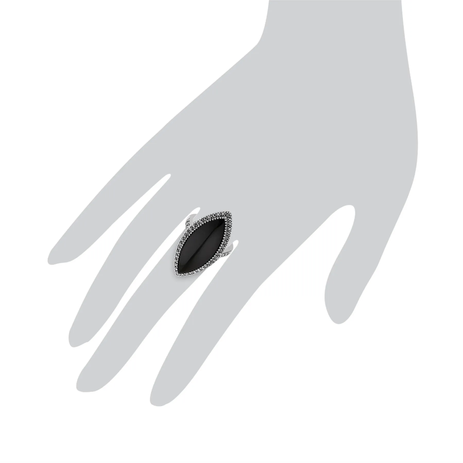 Kunst Deko Ring, 925 Sterlingsilber 12.5ct Kt schwarzer Onyx & Markasit Statement Ring