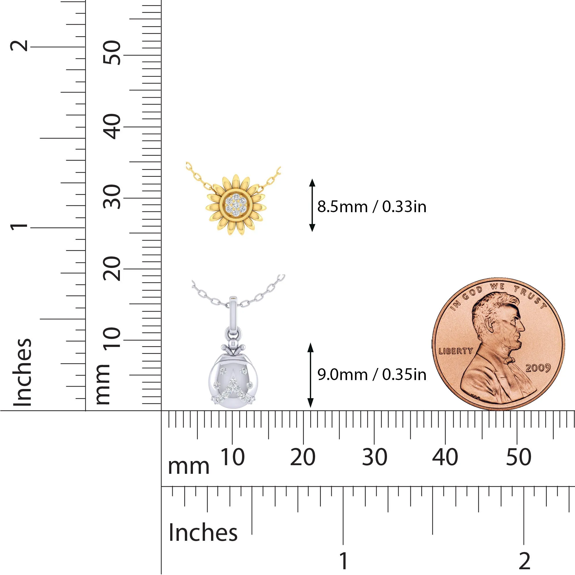 LadyBug and SunFlower Layered 1/10 Cttw Natural Diamond Pendant Necklace set in 925 Sterling (Silver & Yellow Gold)…