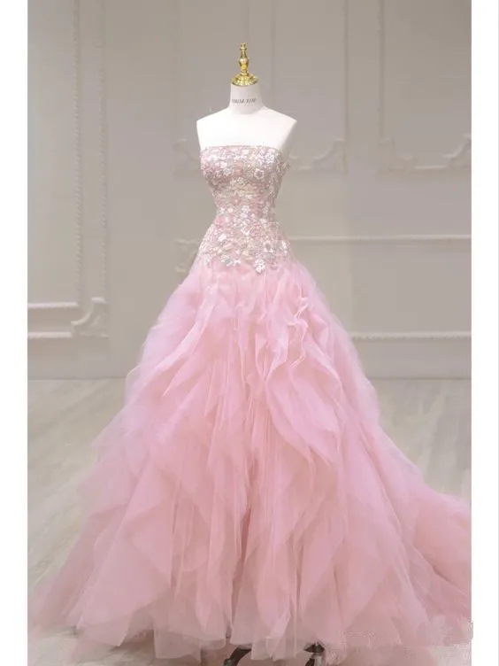 Luxurious Ball Gown Strapless Pink Tulle Long Prom Dress P1720