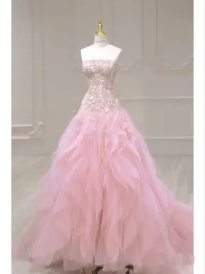 Luxurious Ball Gown Strapless Pink Tulle Long Prom Dress P1720
