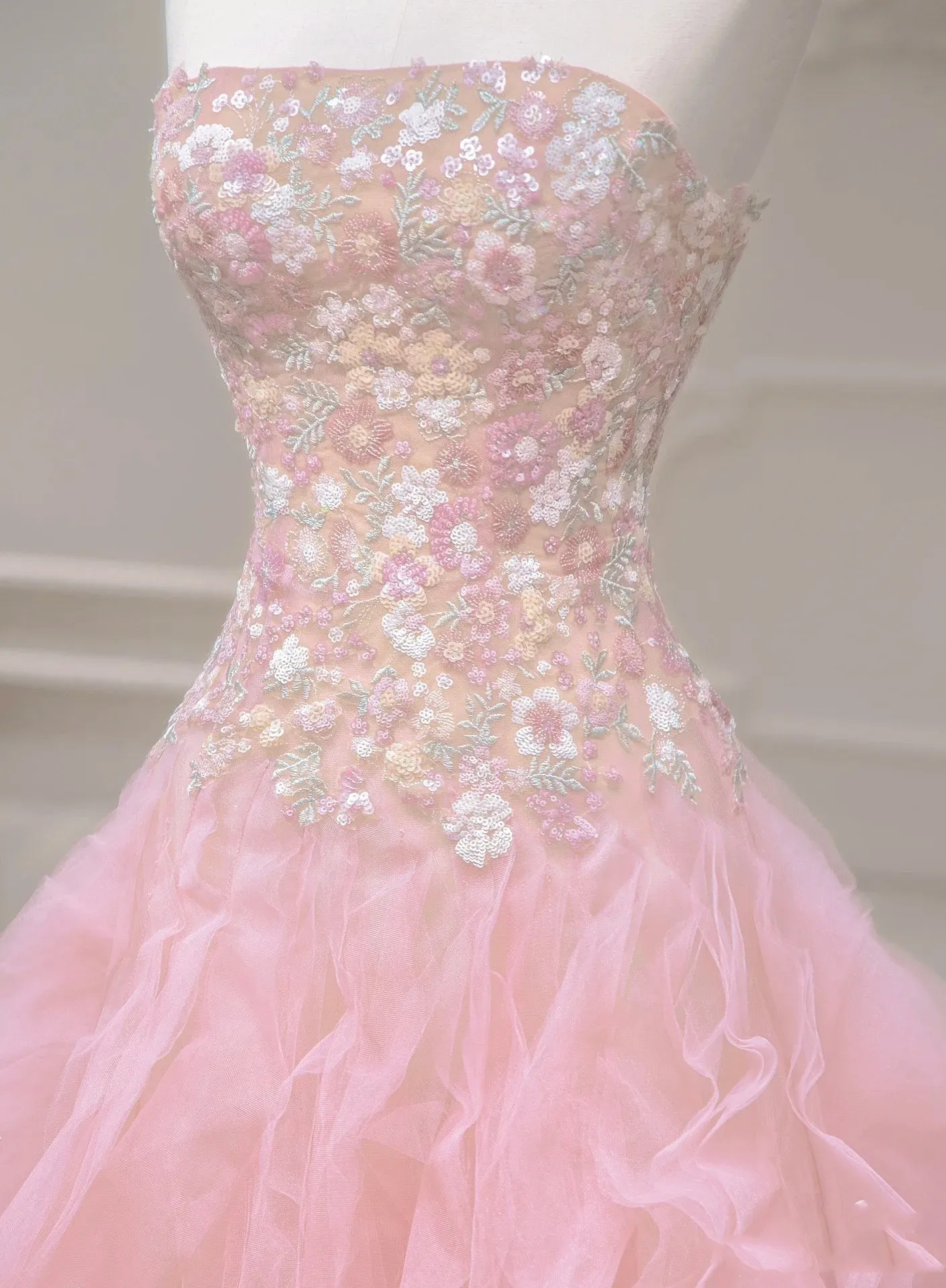 Luxurious Ball Gown Strapless Pink Tulle Long Prom Dress P1720