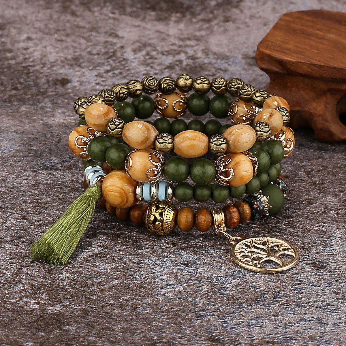 Multi-Layer Wooden Bead Beaded Bracelet Elastic Bracelet