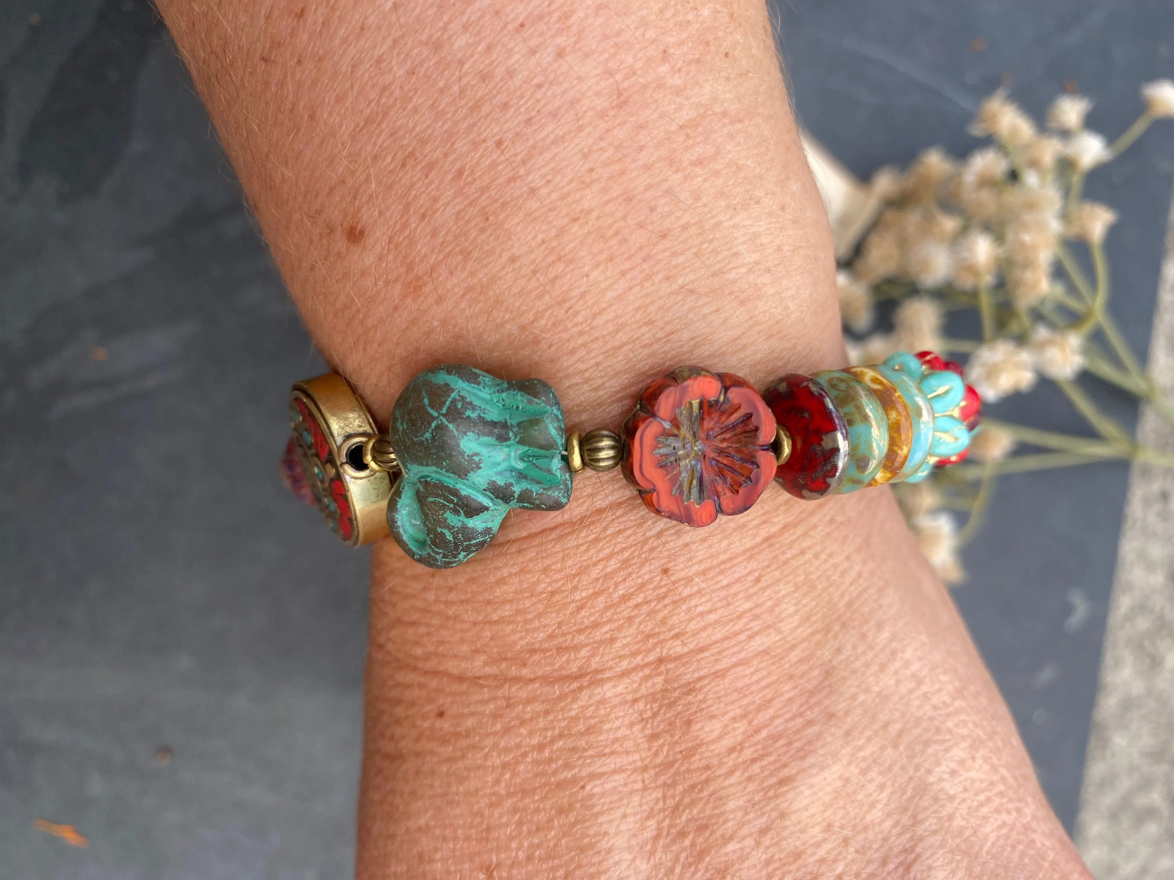 Nepal beads, green, red, turquoise color mix, Czech glass, brass metal, bracelet.