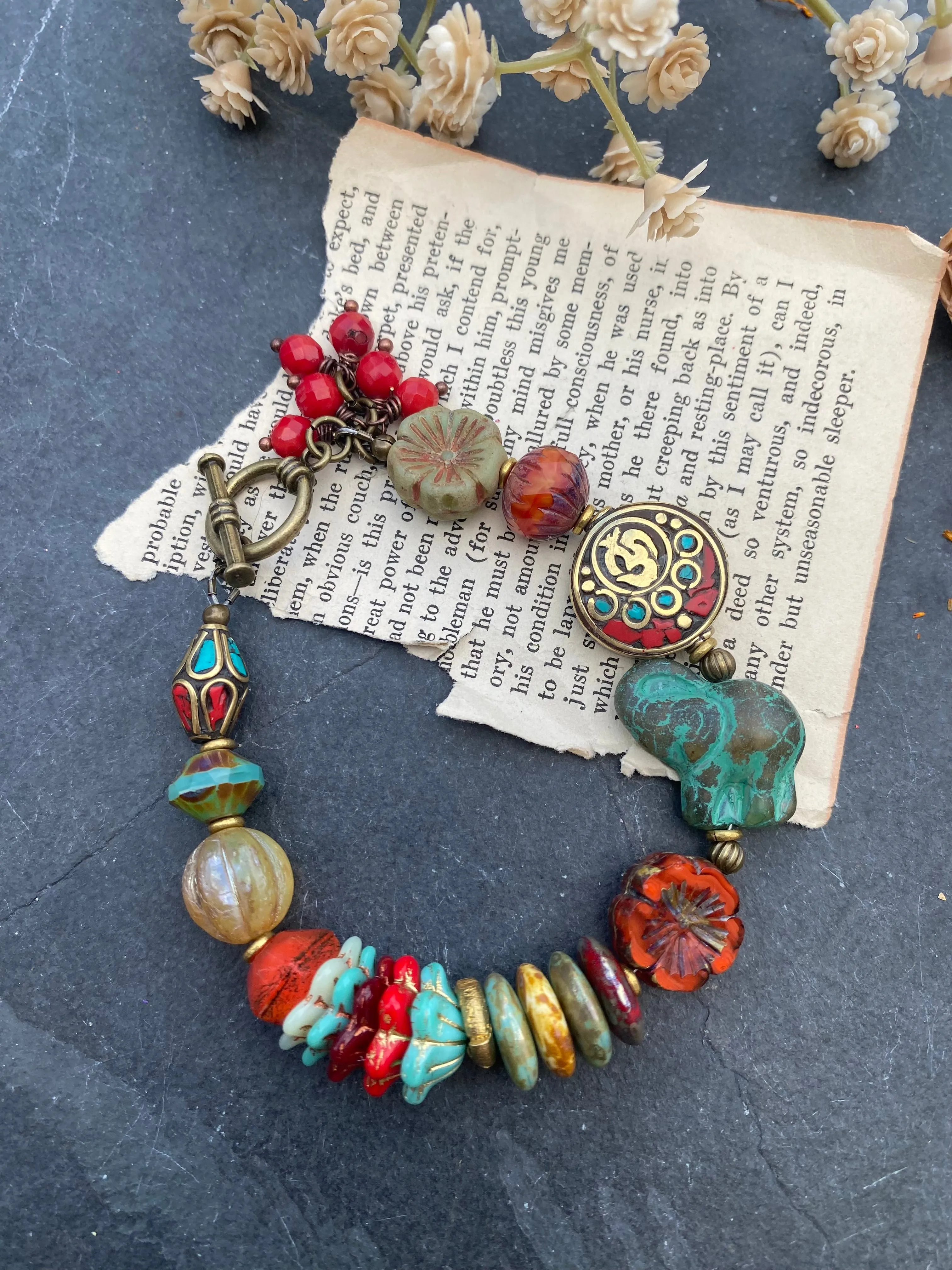 Nepal beads, green, red, turquoise color mix, Czech glass, brass metal, bracelet.