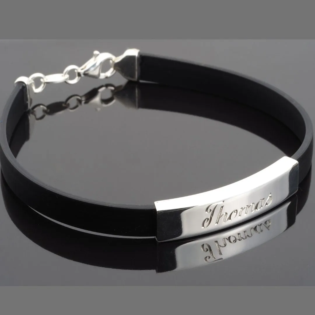 Personalised Sterling Silver Black Rubber Id Bracelet Hand Engraved