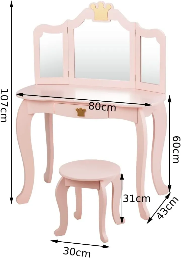 Pink Dressing Table with Tri-Folding Removable Mirror and Stool | Vanity Unit with Drawer | 3-6 Years