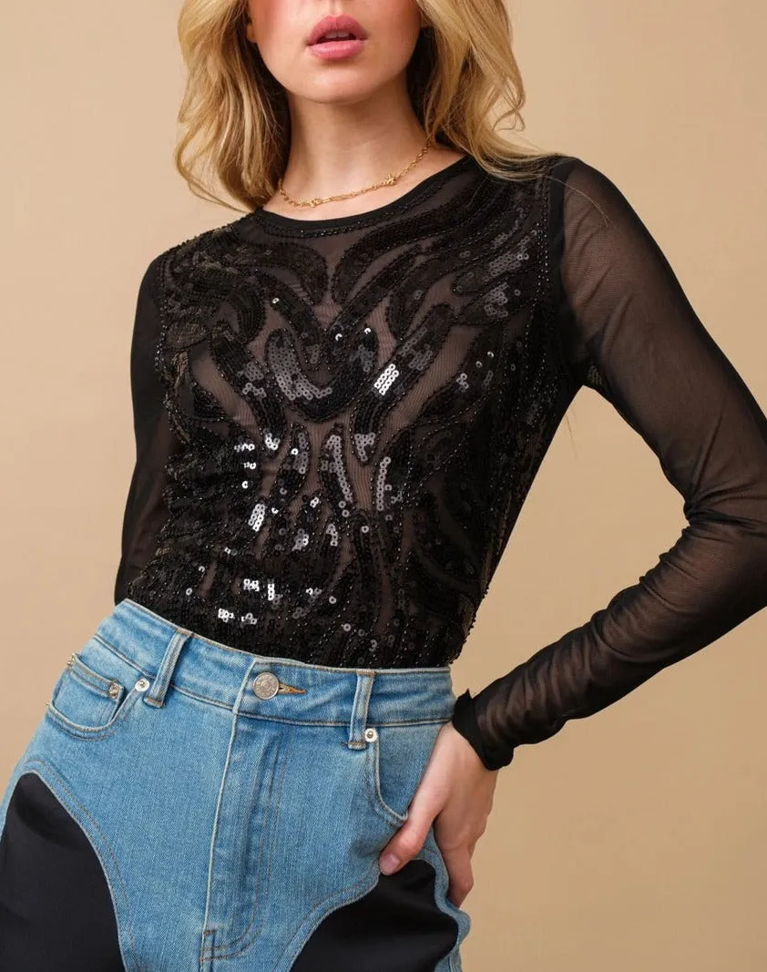 Shining Star Black Sequin & Mesh Bodysuit