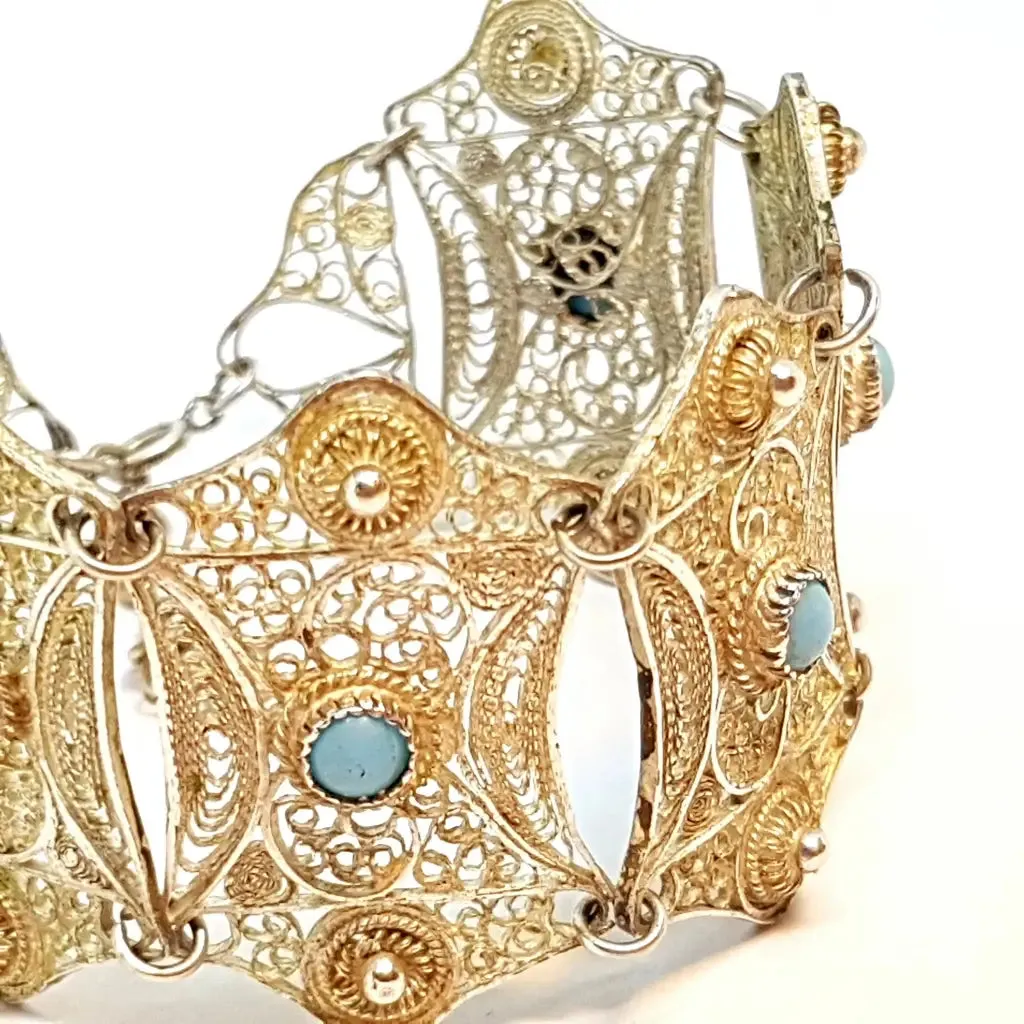 Silver filigree bracelet and turquoise balls for women, wide bracelet.