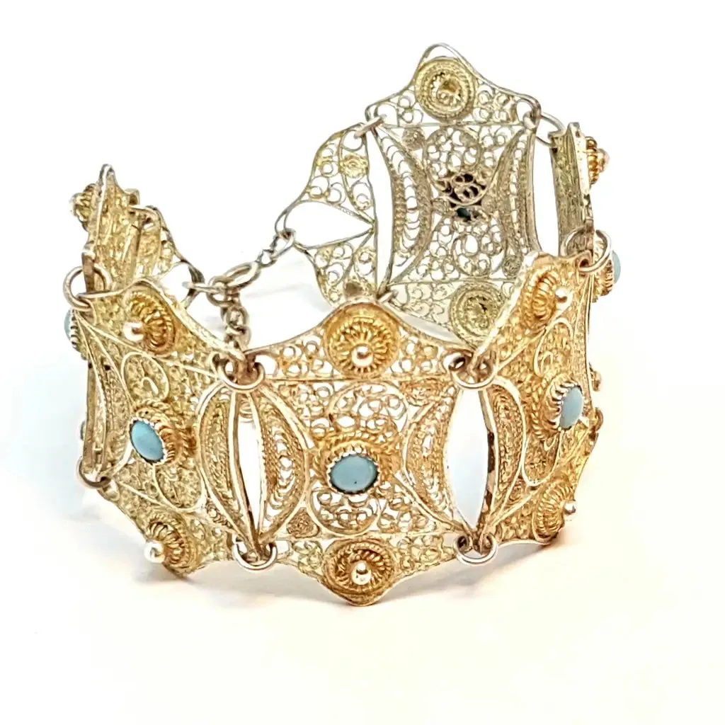Silver filigree bracelet and turquoise balls for women, wide bracelet.