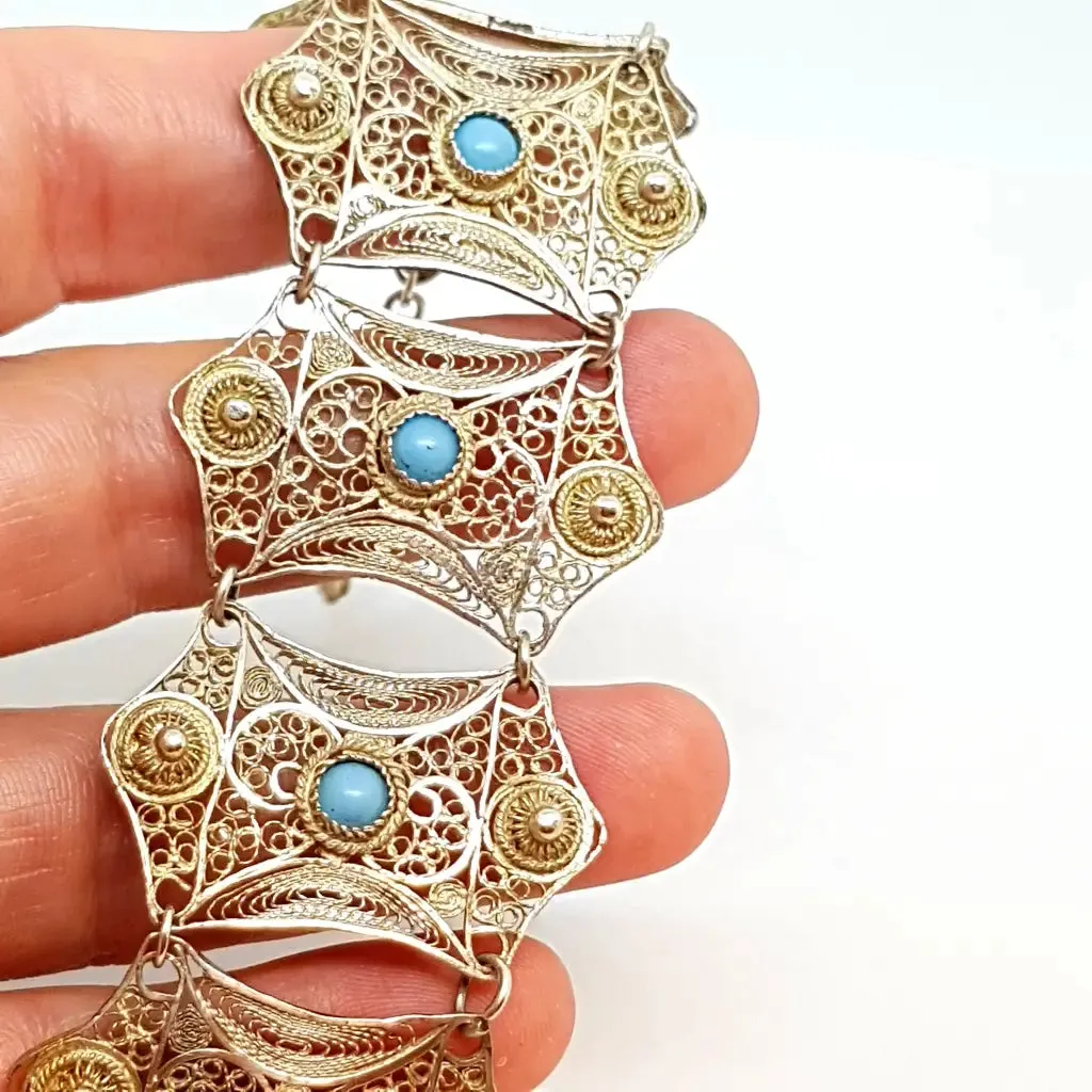 Silver filigree bracelet and turquoise balls for women, wide bracelet.