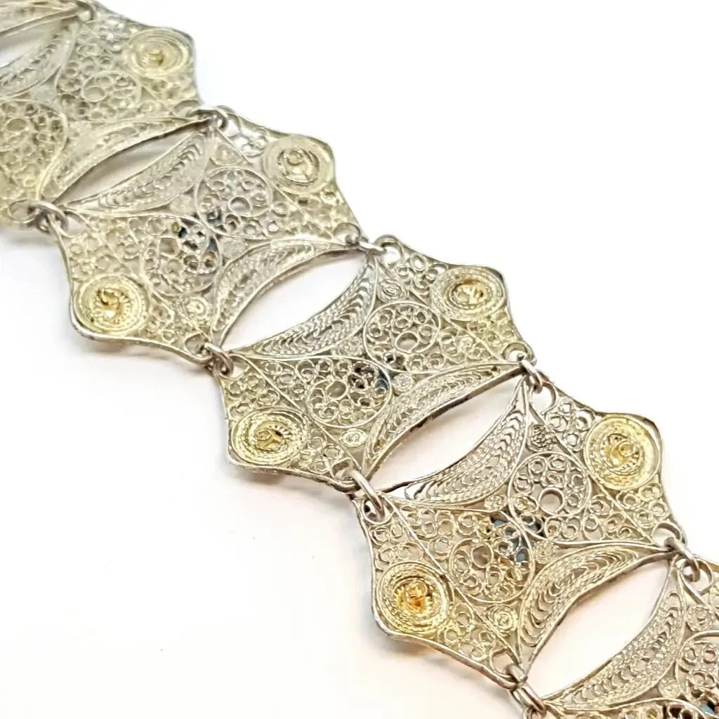Silver filigree bracelet and turquoise balls for women, wide bracelet.