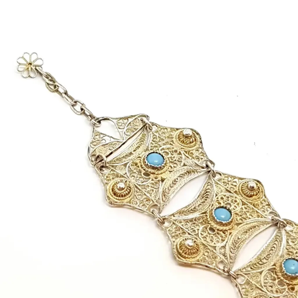 Silver filigree bracelet and turquoise balls for women, wide bracelet.