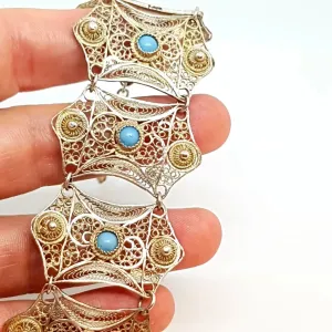 Silver filigree bracelet and turquoise balls for women, wide bracelet.