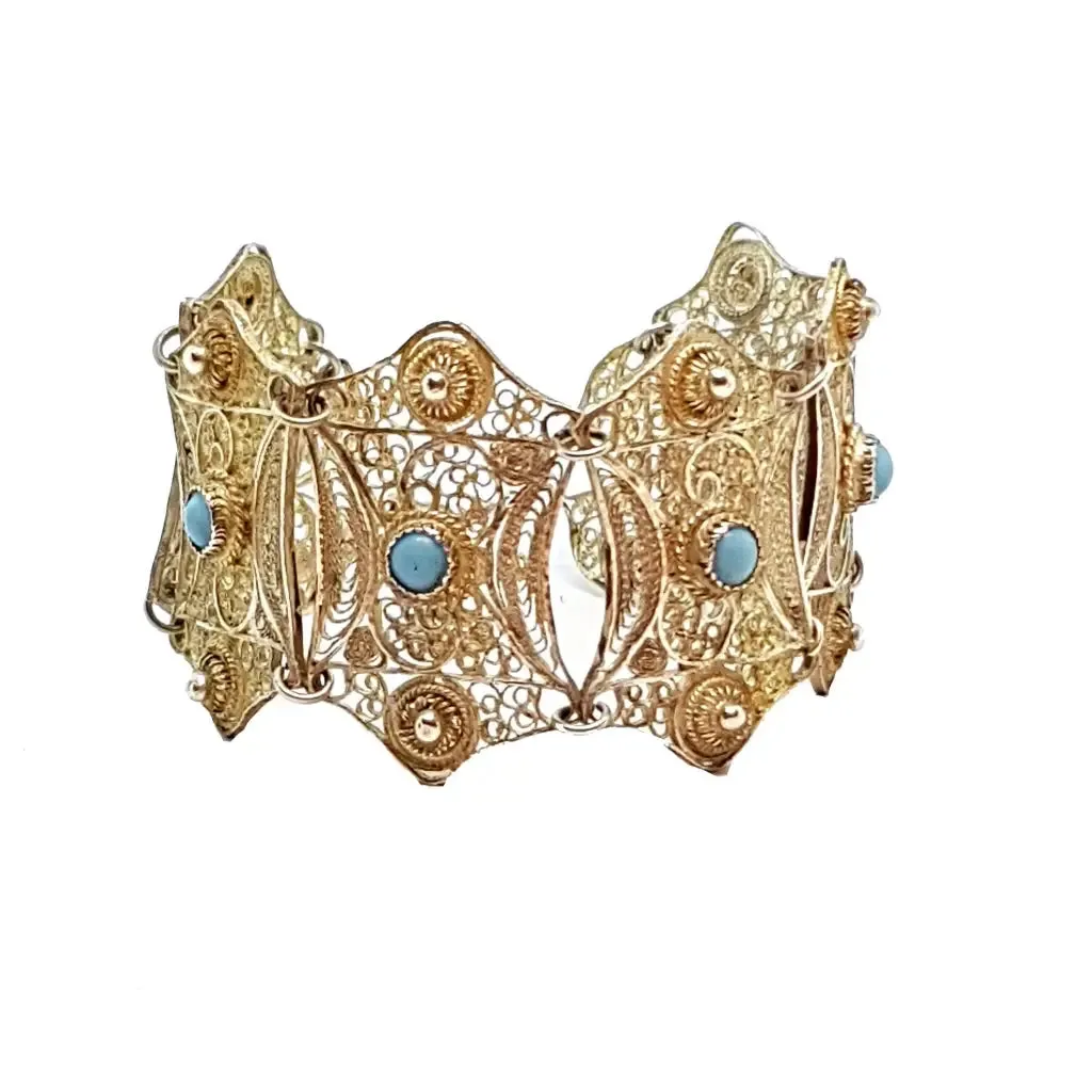 Silver filigree bracelet and turquoise balls for women, wide bracelet.