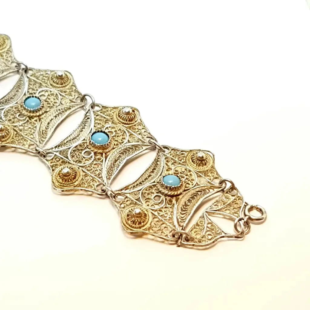 Silver filigree bracelet and turquoise balls for women, wide bracelet.