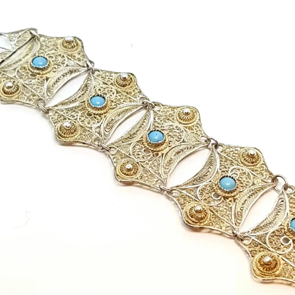 Silver filigree bracelet and turquoise balls for women, wide bracelet.