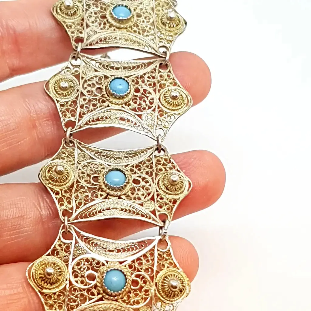 Silver filigree bracelet and turquoise balls for women, wide bracelet.