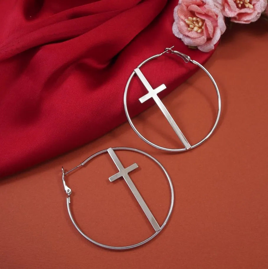 Silver plated Inlaid Cross Hoops Earring